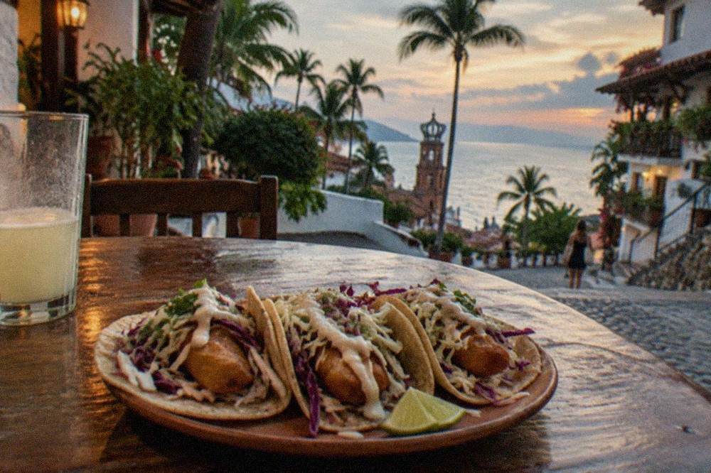 Close-up of fish tacos with cabbage and cream on a rustic wooden counter
