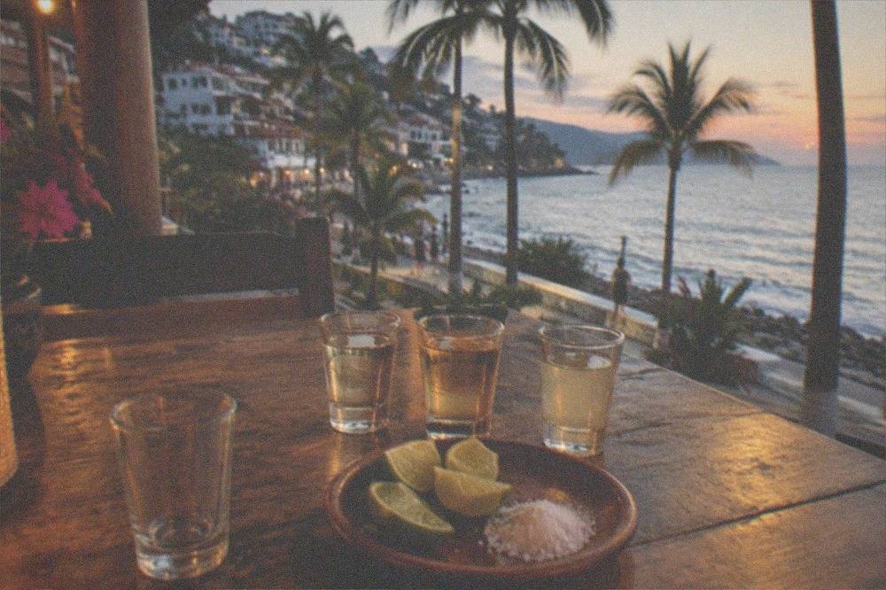 Glasses of agave spirits and lime wedges arranged on a wooden tasting table