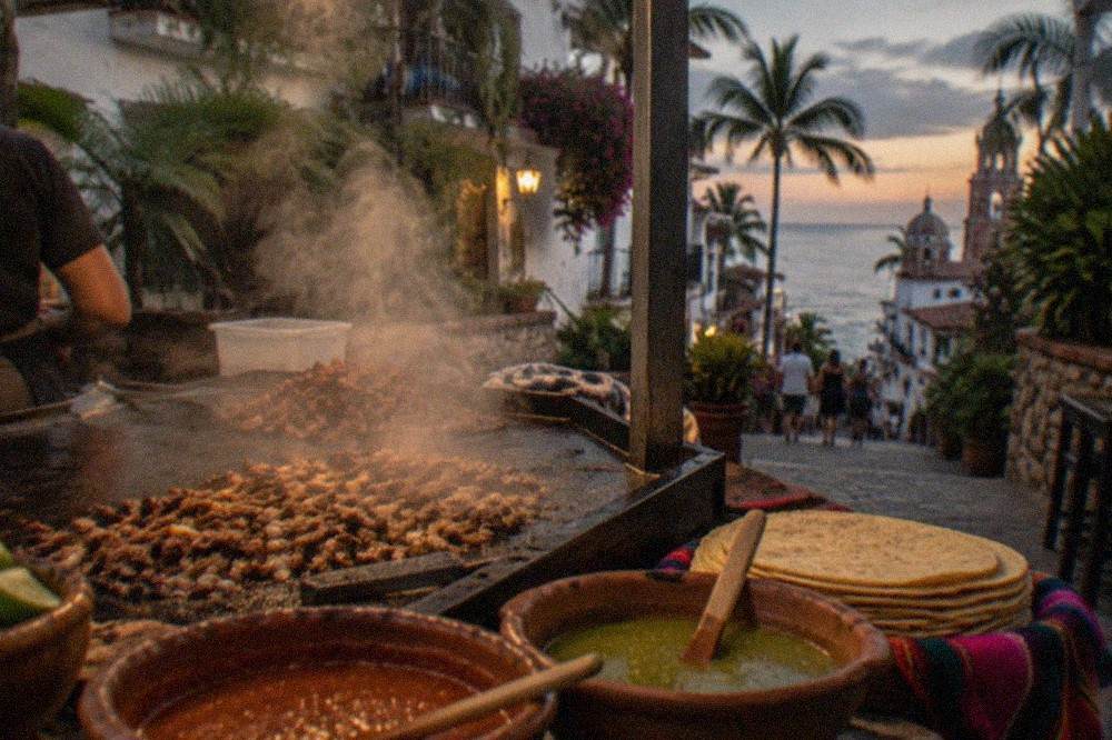Colorful street taco stand with grilled meat, salsas and stacked tortillas