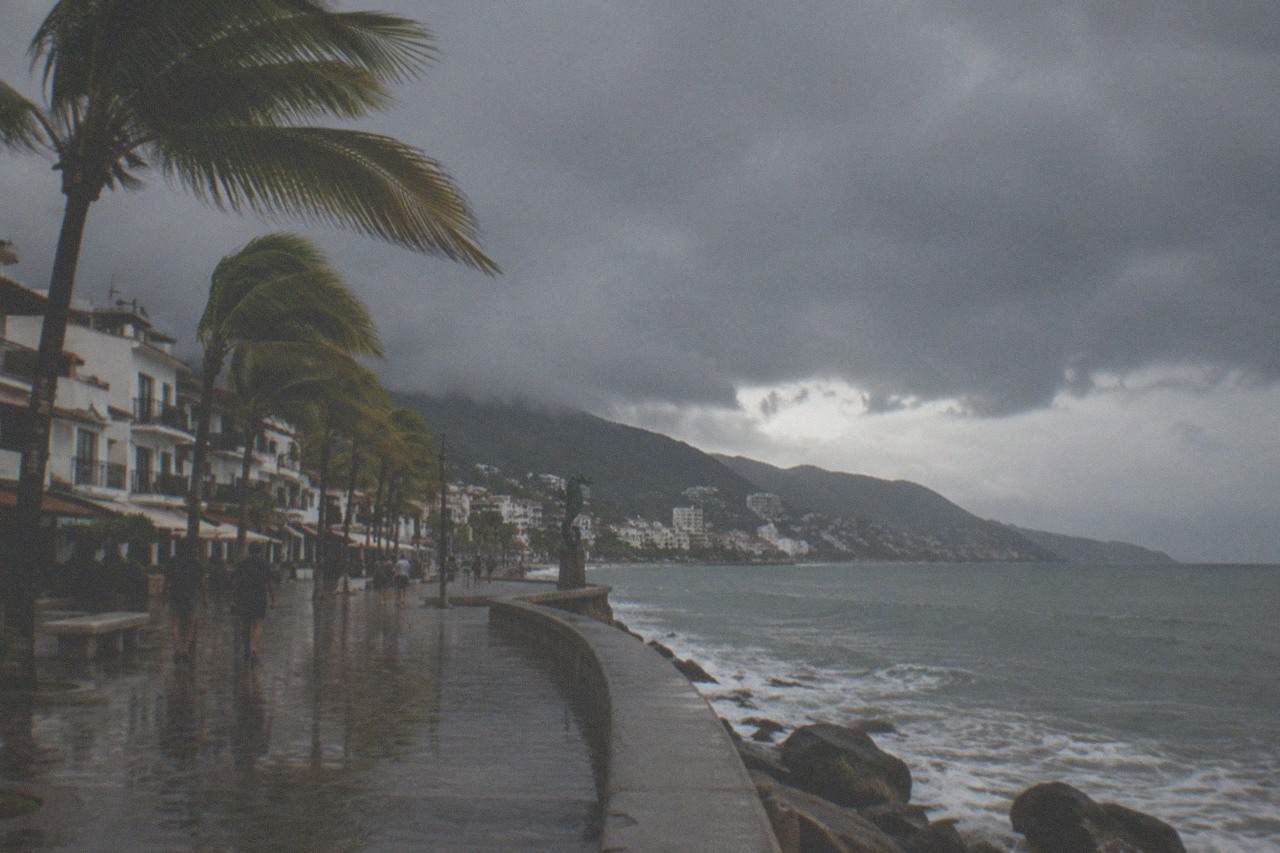 Dark rain clouds gathering over Banderas Bay and the Puerto Vallarta coastline