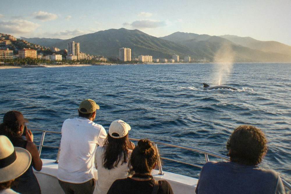 Whale watching boat with passengers on the bow in late afternoon light on open water