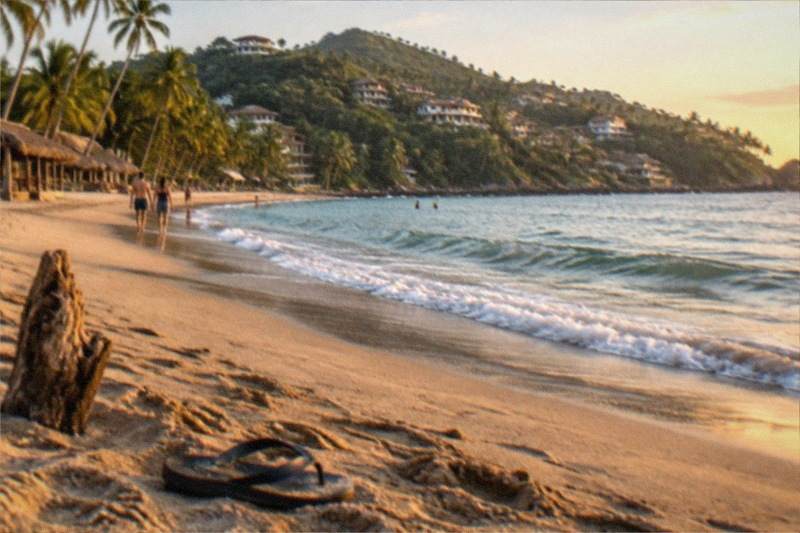 Tiny hatchlings make their way across dark sand toward the surf at a turtle release beach near Puerto Vallarta.