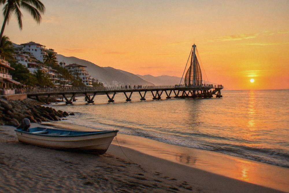 A long pier extending into the ocean with people walking and a colorful sunset sky