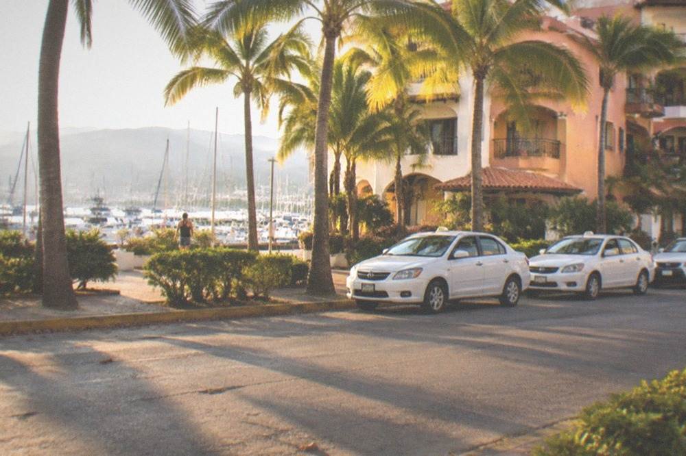 A taxi stand beside a palm-lined street in Puerto Vallarta late in the day