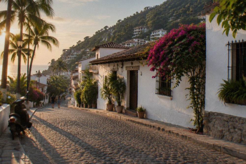 Palm-lined street in Puerto Vallarta's old town with buildings and hills behind