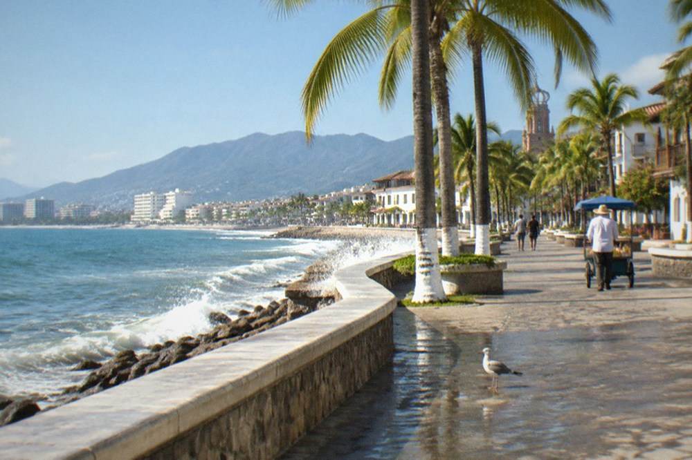 Puerto Vallarta malecon boardwalk along the bay on a clear morning