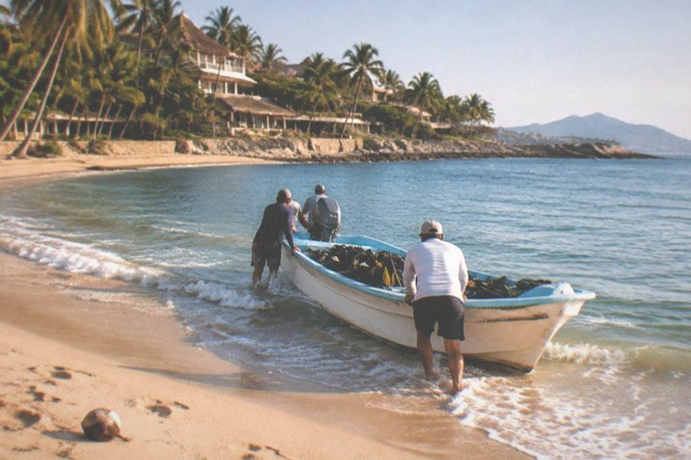 Small boat loaded with snorkel gear departing from a palm-lined beach town shore