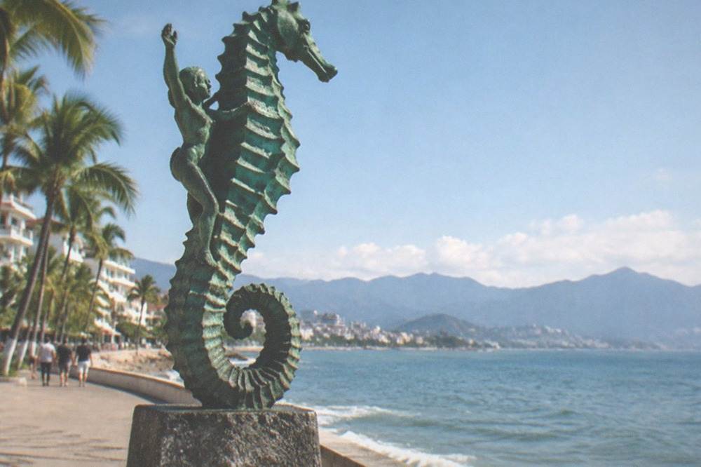 Bronze seahorse sculpture on the Puerto Vallarta Malecon with the bay behind it