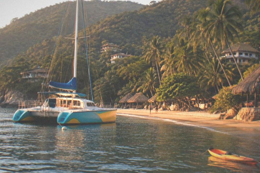 Colorful catamaran anchored near a remote beach with palm trees along the shoreline