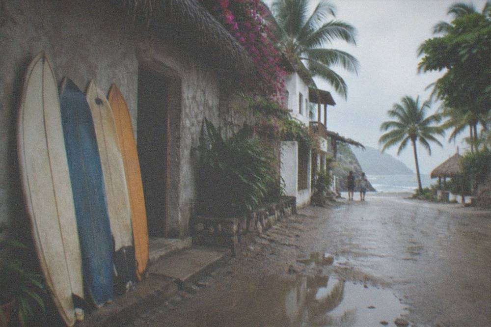 Beach town street with surfboards leaning against a wall and a bicycle parked nearby