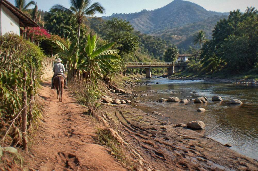 Dirt jungle trail winding along a river in the Sierra Madre foothills near Puerto Vallarta